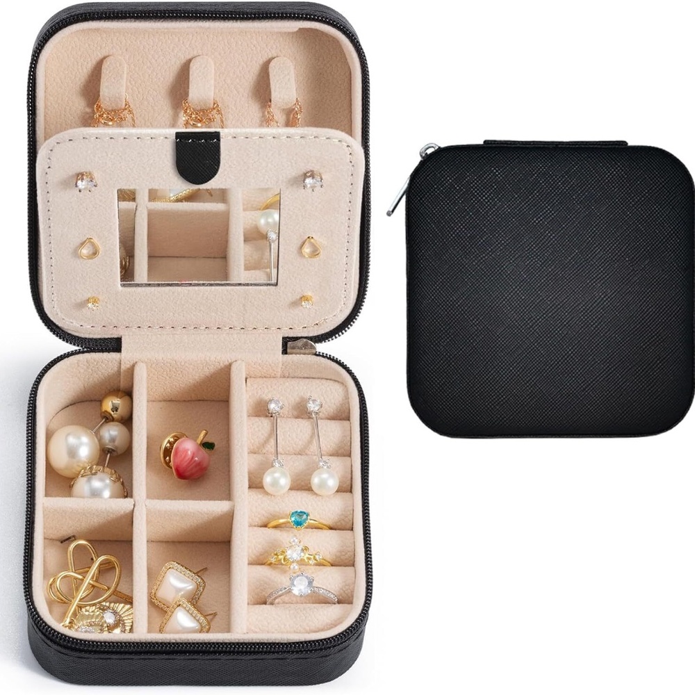 Black Faux Leather Jewelry Box w/ Mirror Travel Case Earrings, Rings, Necklaces
